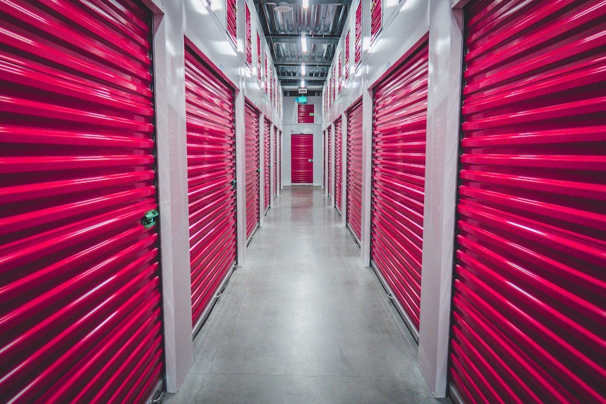 A line of pink lockers in a storage facility.