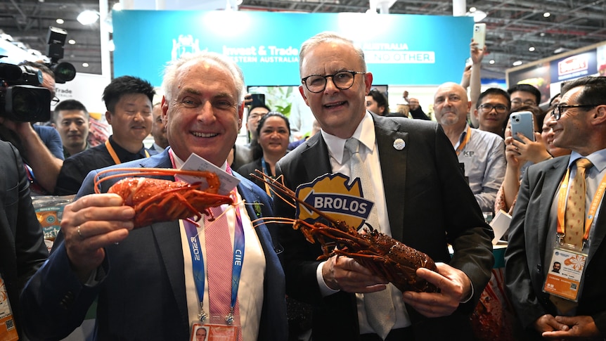 Don Farrell and Anthony Albanese wearing suits and holding lobsters at a trade event.