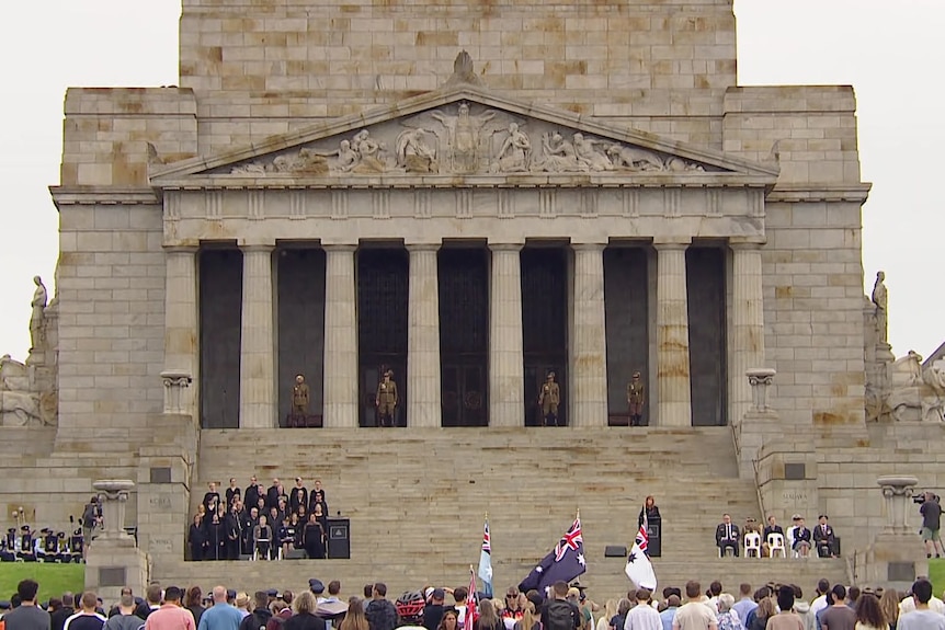 Shrine of Remembrance with crowds looking on