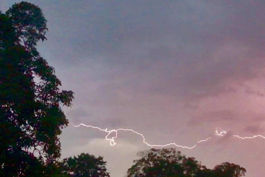A lightning bolt runs across the blue and purple sky in Ringwood during an evening storm