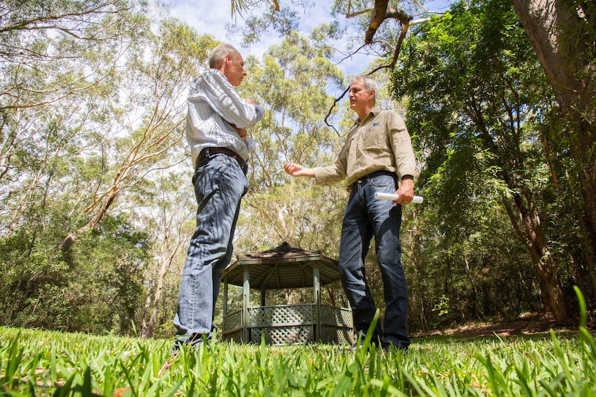 Charles and Darrell stand in the park conversing.