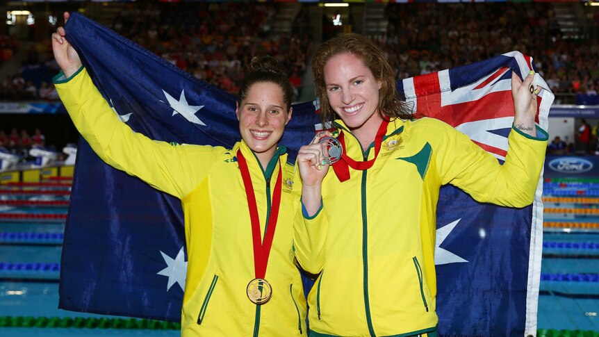 Belinda Hocking and Emily Seebohm with their 200m backstroke medals