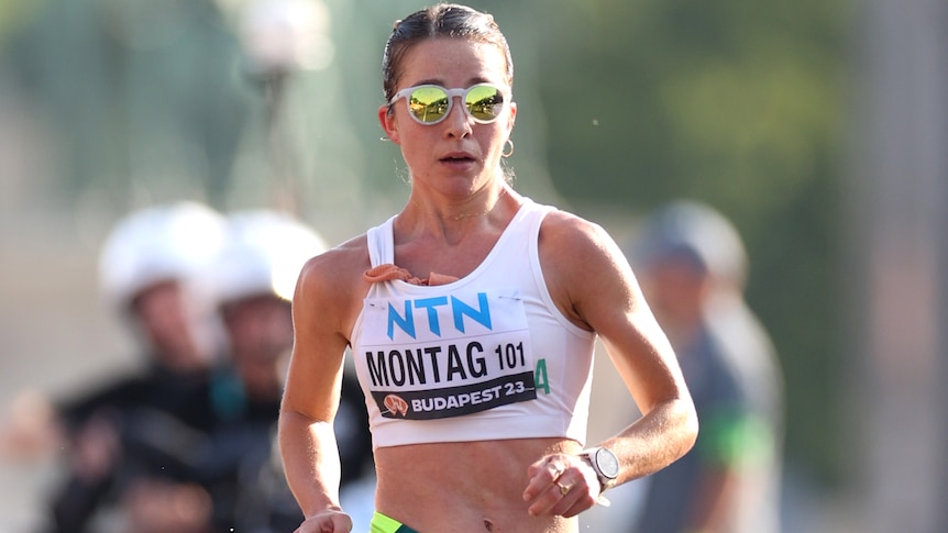 Jemima Montag competing in the women's 20km walk at the 2023 world titles.
