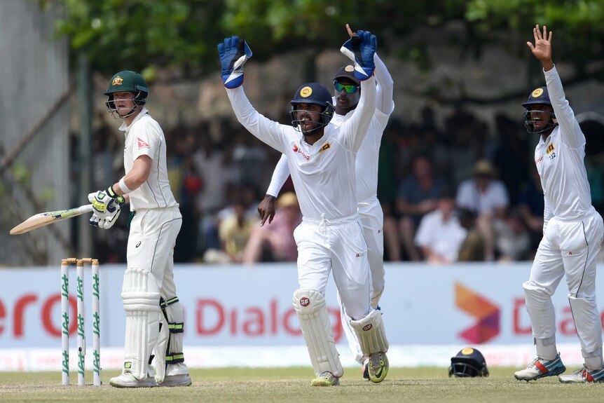 Sri Lanka appeals for the wicket of Steve Smith
