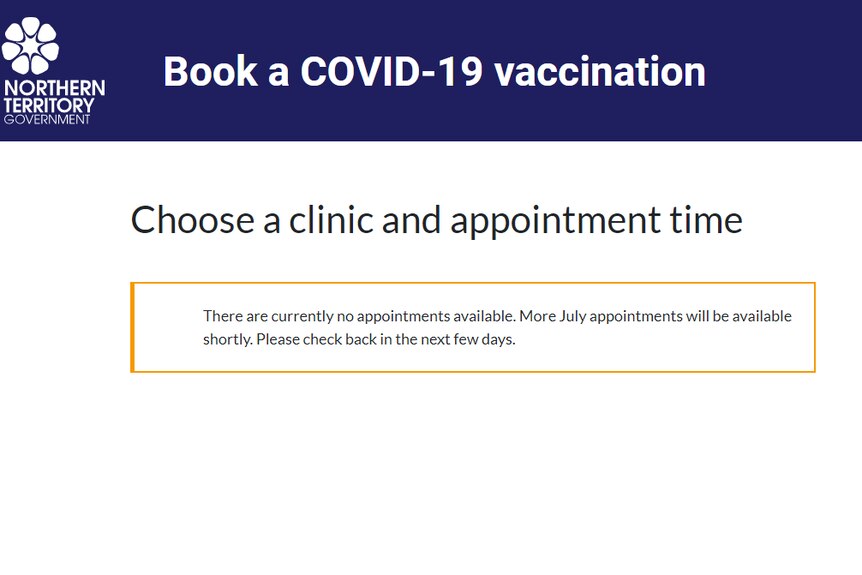 An screen shot of the NT government's booking website which says there are no vaccination bookings available. 