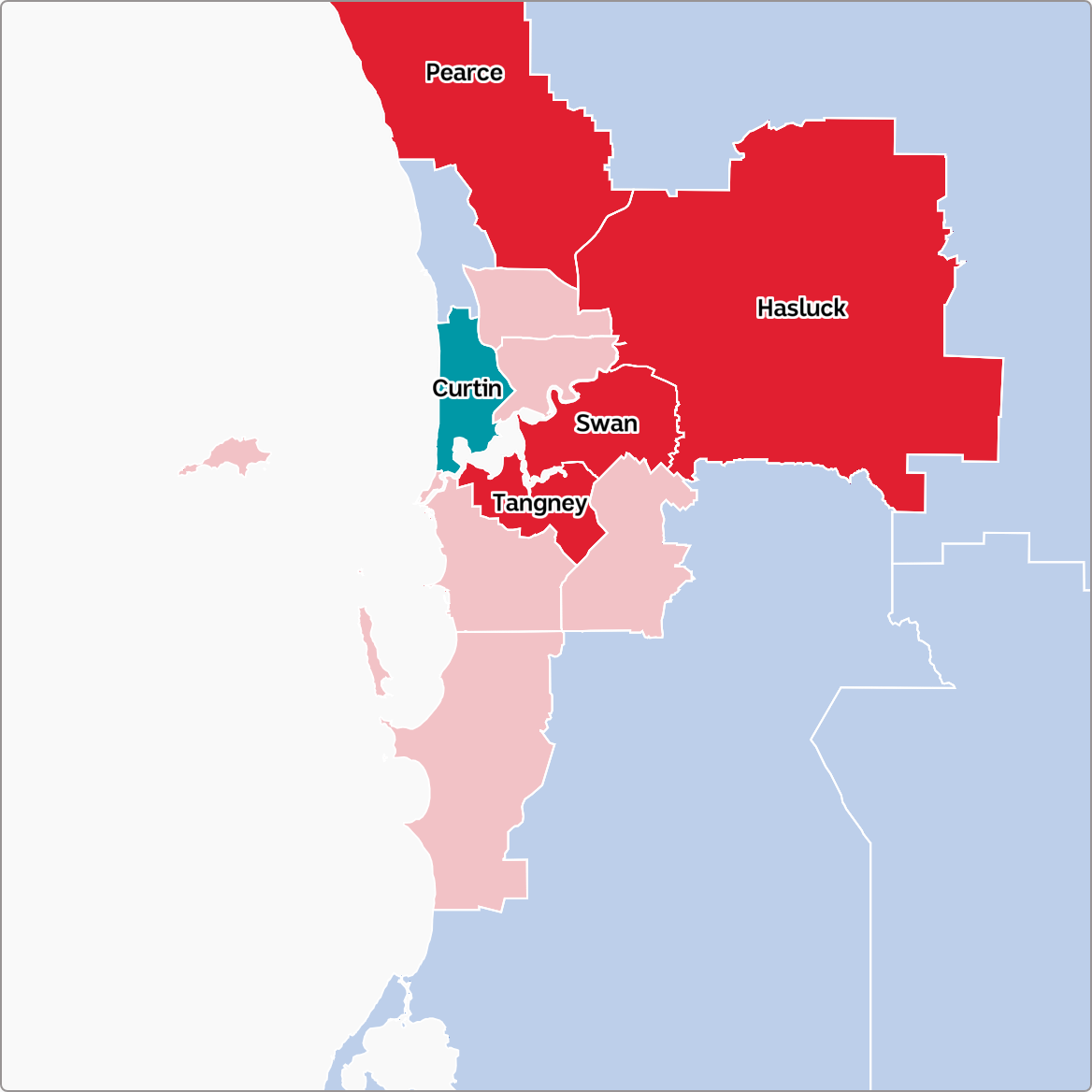 An electoral map of Perth with the seats of Pearce, Haslck, Swan, Tangney and Curtin highlighted.