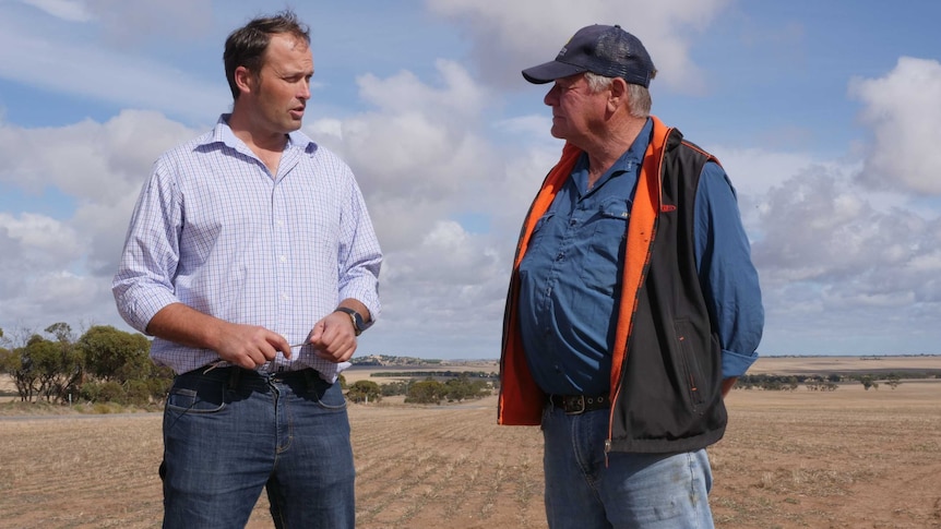 Two men standing in a paddock