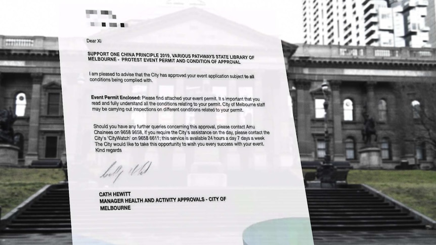 A fake permit letter superimposed on the picture of the Victoria State Library.