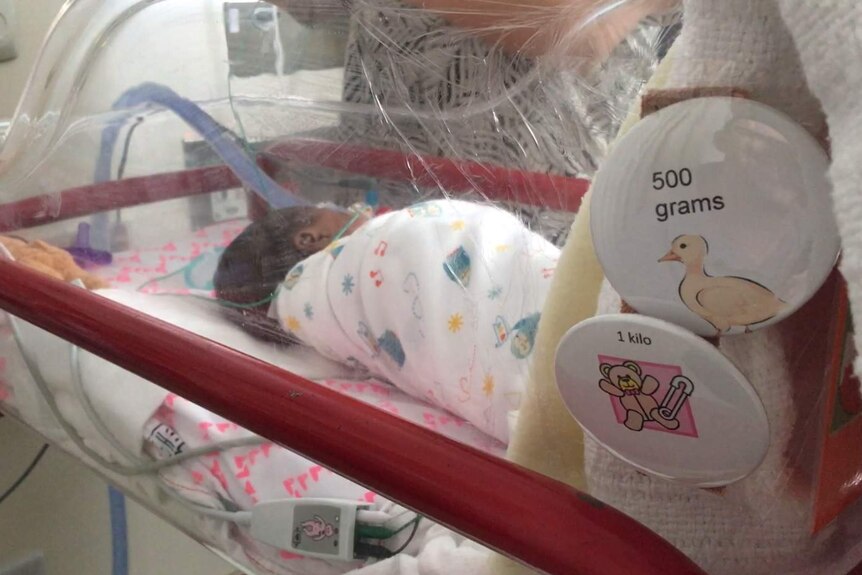 Two badges, one saying 500grams and another saying 1kg, are pinned to a cot in a neonatal intensive care unit.