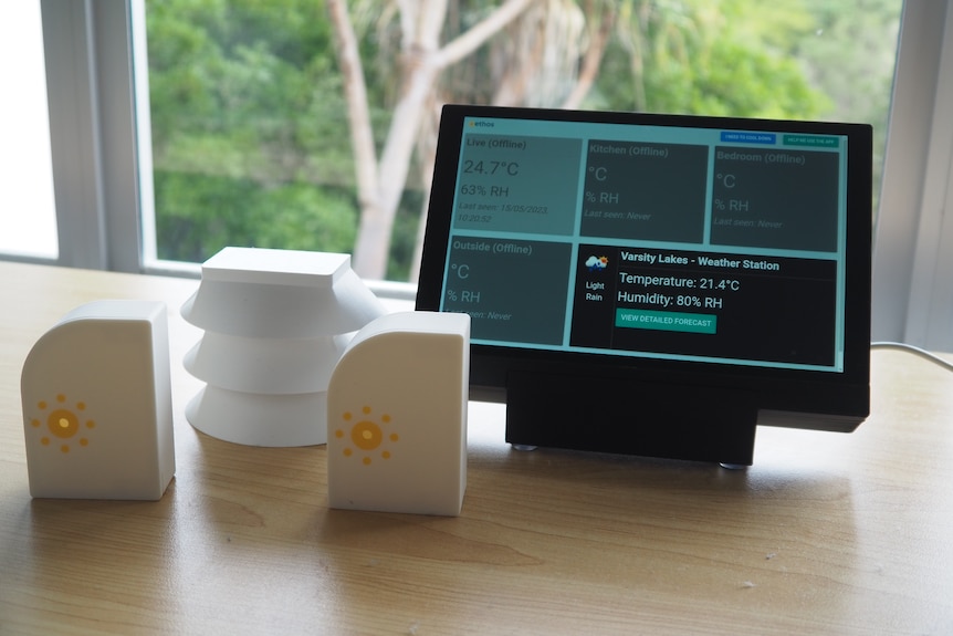 Sensors sit next to a tablet with weather information