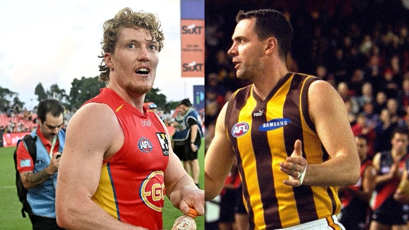 A split image between a modern AFL player after a game, and an AFL player from 25 years ago looking across a ground.