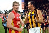 A split image between a modern AFL player after a game, and an AFL player from 25 years ago looking across a ground.