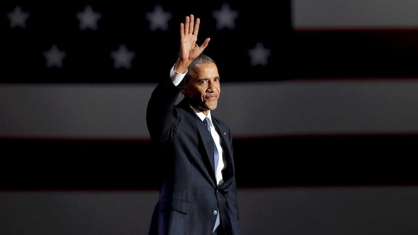US President Barack Obama acknowledges the crowd at his farewell speech.