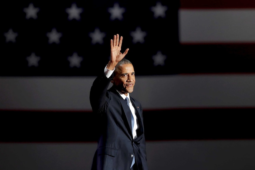 US President Barack Obama acknowledges the crowd at his farewell speech.