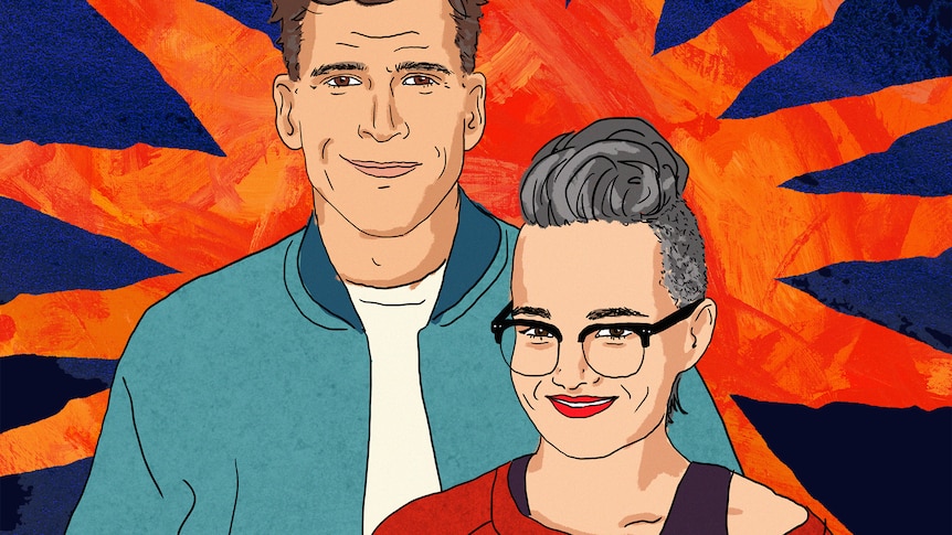 Portraits of Yumi Stynes and Osher Gunsberg, illustrated with bright colours
