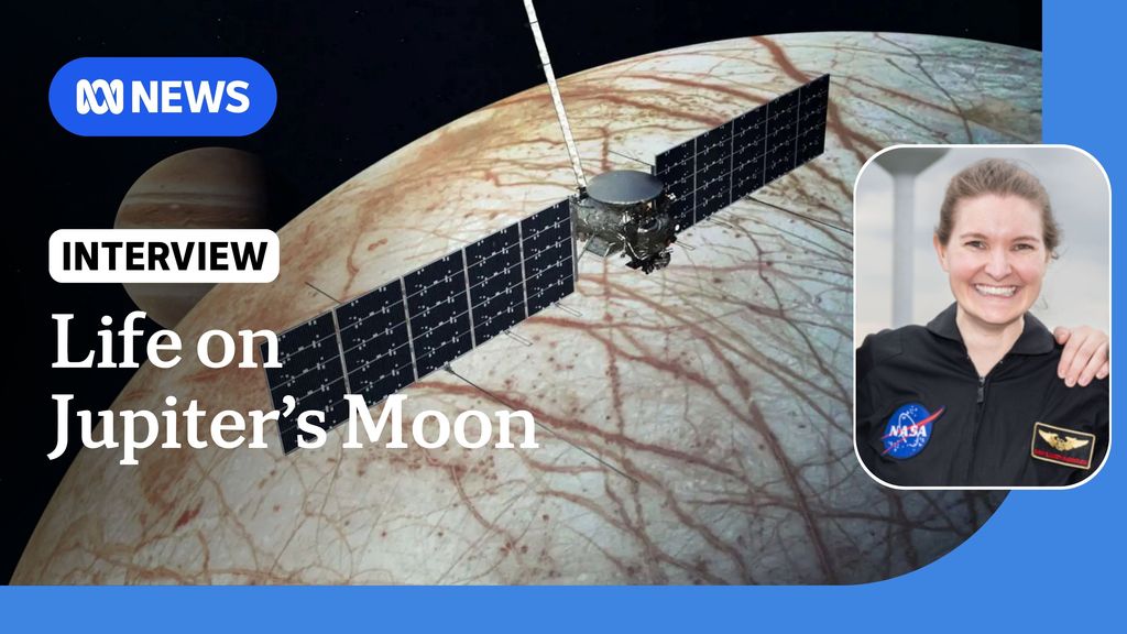 Life on Jupiter's Moon: Graphic impression of a spacecraft orbiting a planet. Inset photo of a woman smiling, wearing a NASA top