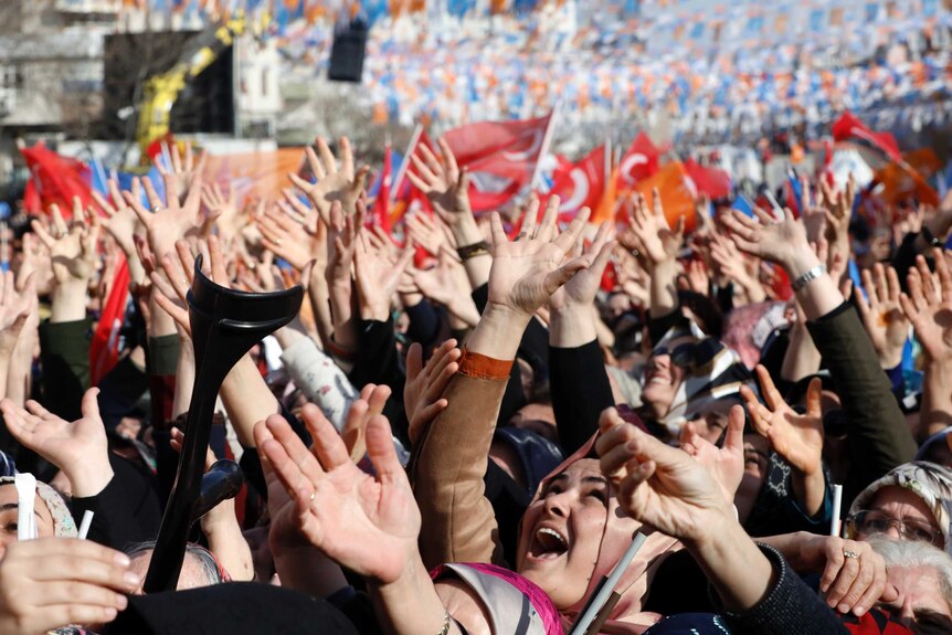 A large crowd of people hold their hands up in the air and wave flags.