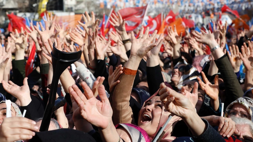 A large crowd of people hold their hands up in the air and wave flags.