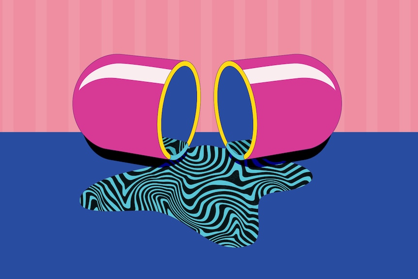 An illustration of a hot pink bill with blue and black liquid pouring out