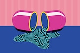 An illustration of a hot pink pill with blue and black liquid pouring out
