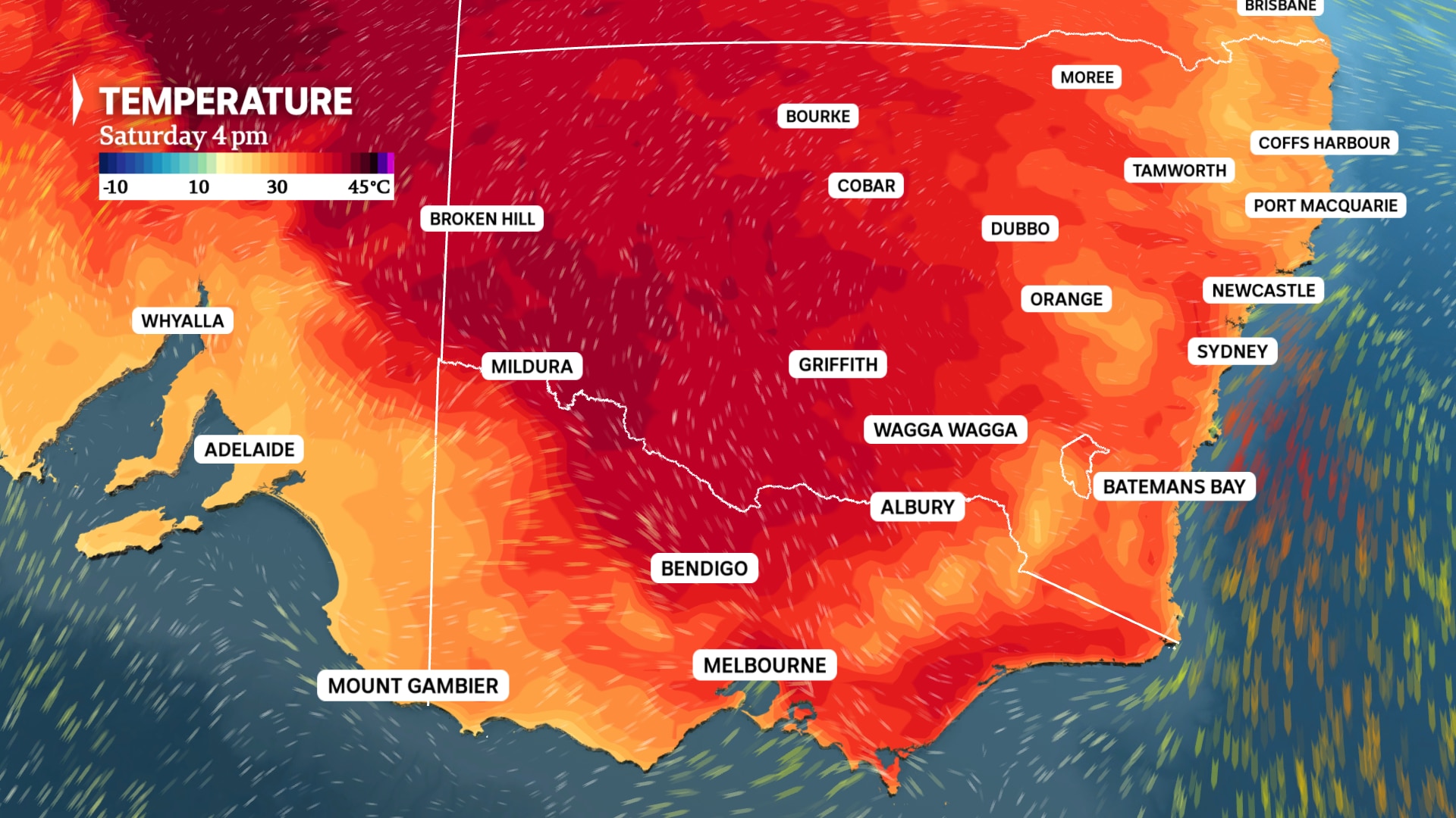 a weather map showing Saturday temperatures for south east australia