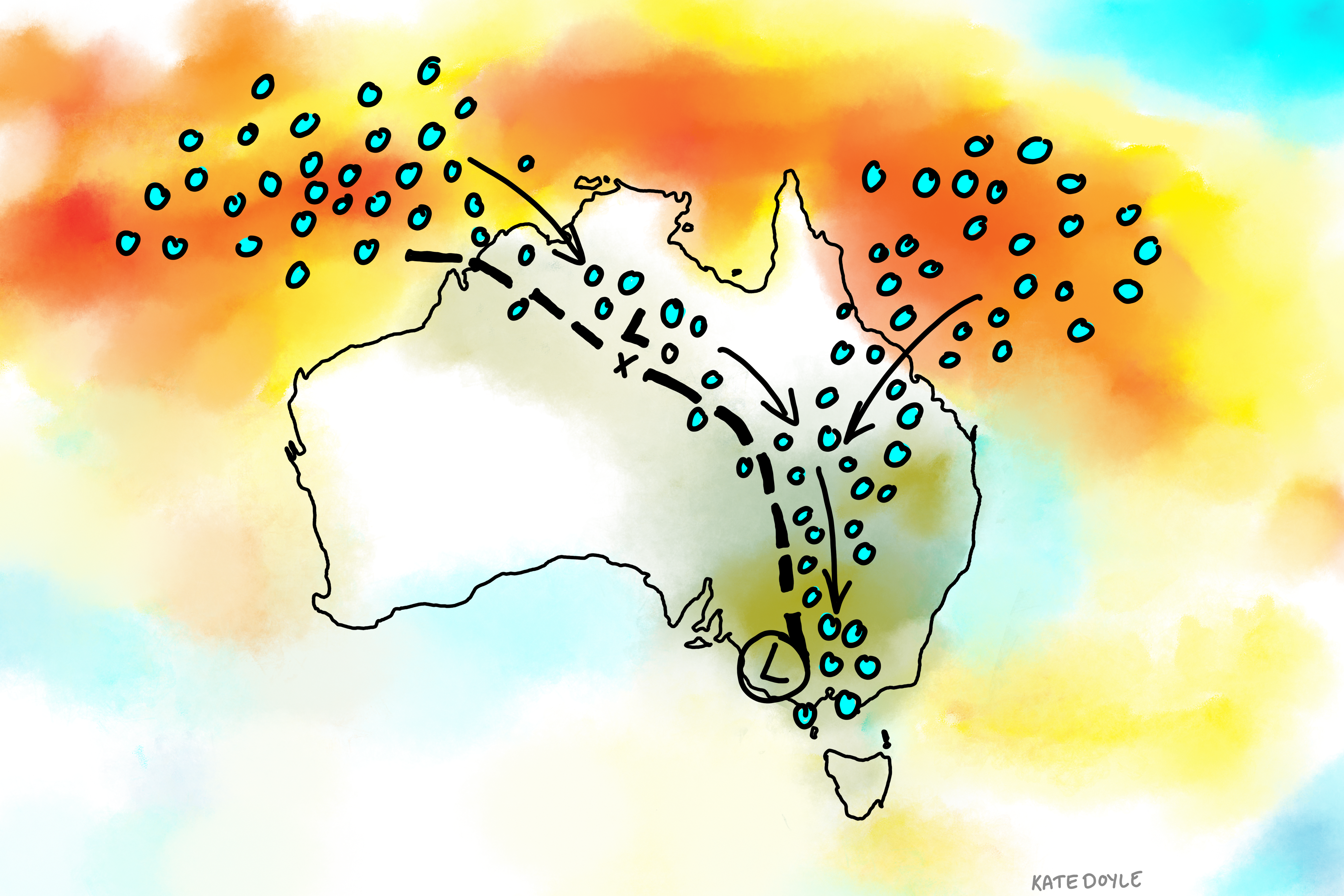 Illustration showing moisture moving down from northern oceans to the south-east of Australia