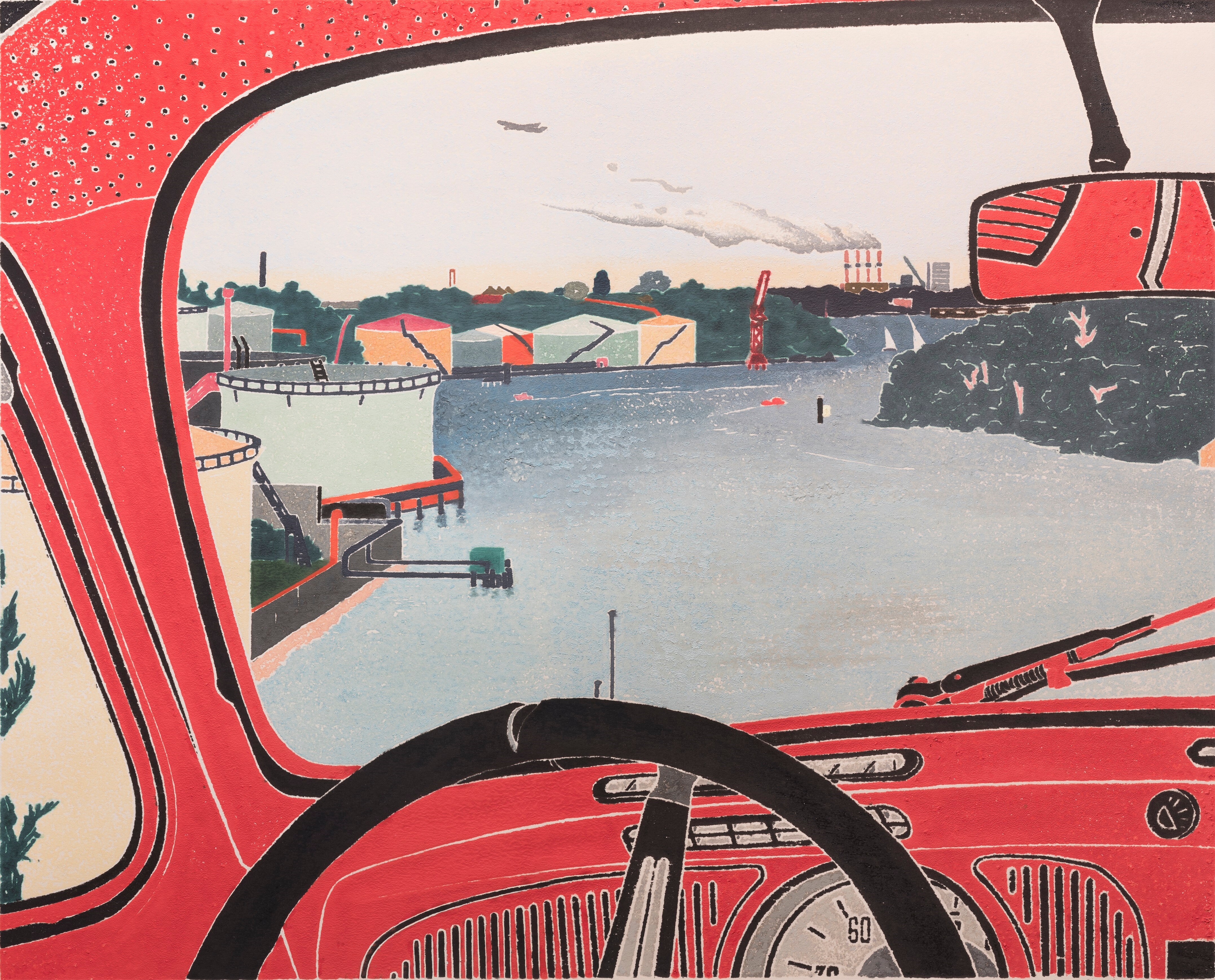 A print/painting by Cressida Campbell of the windscreen of a car looking out on a bay with petrol tanks