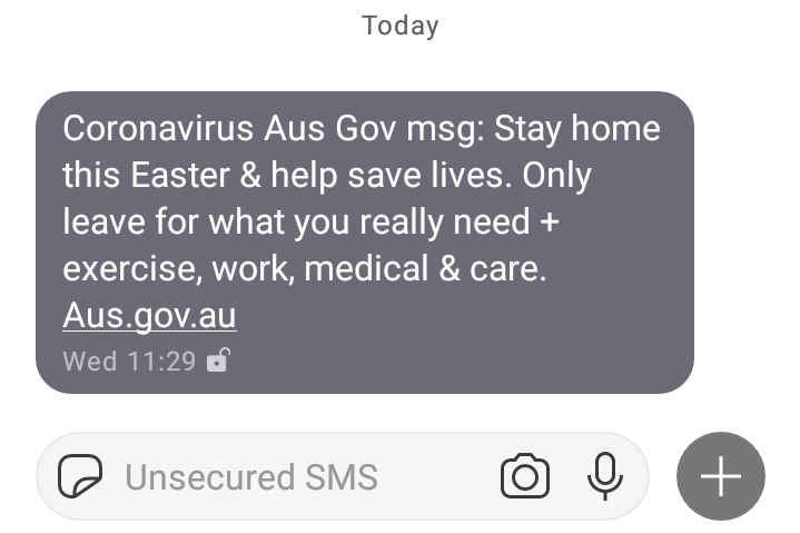 A screenshot of an SMS message encouraging people to stay home this Easter to stop coronavirus.