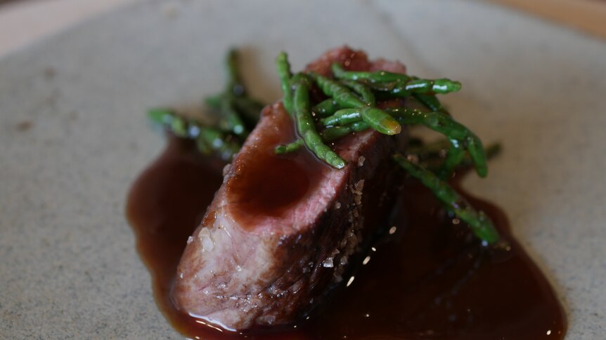a close shot of medium rare vension with a gravy sauce poured over and around it, and samphire greens on top.