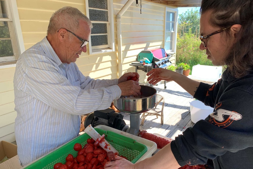 Colin and Clark Mitchell passing tomatoes through the machine to puree the passata sauce.