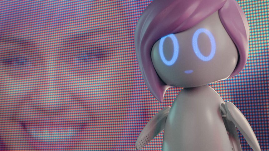 A robot creature that looks like a cute cartoon woman with pink hair stands in front of an LCD screen.