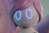 A robot creature that looks like a cute cartoon woman with pink hair stands in front of an LCD screen.