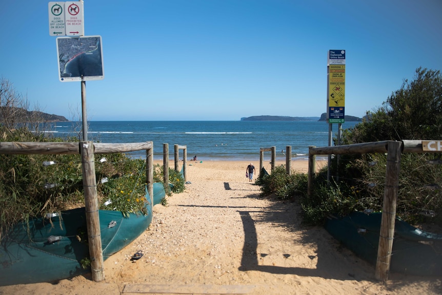 A sand walkway to a beach. The ocean is visible in the background.