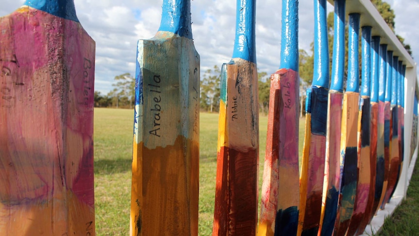 Close up photo of a row of painted cricket bats