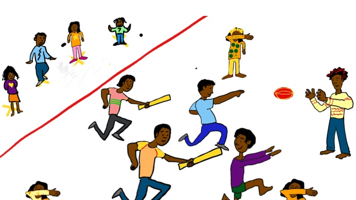 An animated game of people playing corona cricket