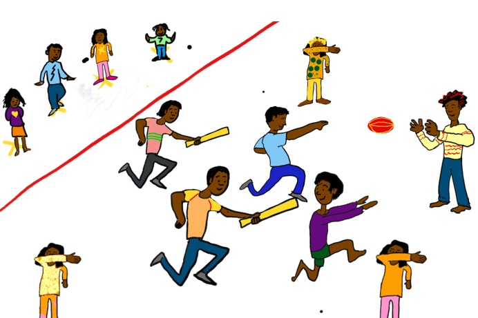 An animated game of people playing corona cricket
