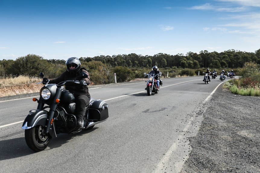 A column of darkly clad motorcyclists — all women — drive down a highway fringed with bushland.