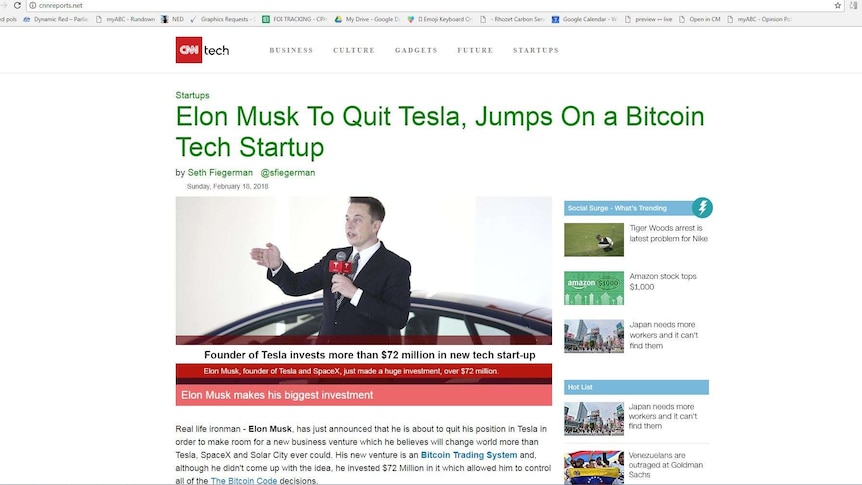 A fake news story titled Elon Musk to quit Tesla, jumps on Bitcoin tech startup