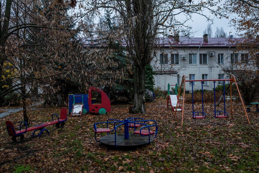 Children's play equipment, including a swingset, outside on grass covered in leaves with no children playing. 