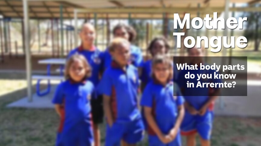 A group of Indigenous children, text overlay reads 'My Place What body parts do you know in Arrernte?'