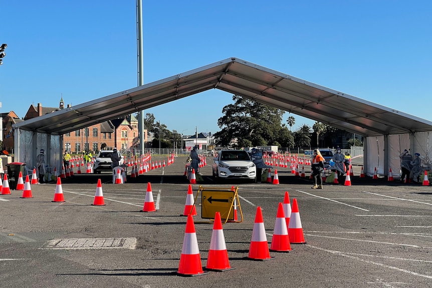 Cars lined up at a drive through COVID-19 testing clinic under a white marquee