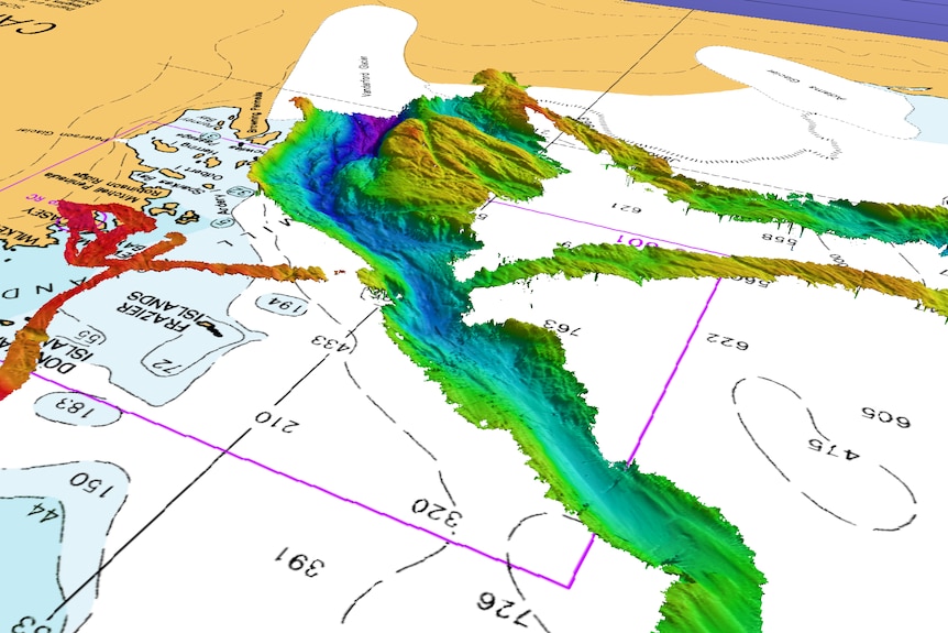 A 3d image of a sectino of antarctica showing a long canyon in the middle in green