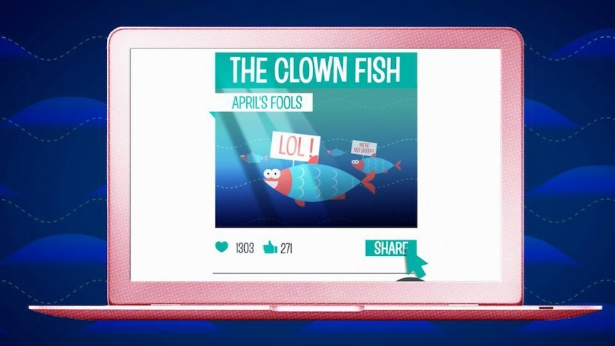 Graphic image of laptop screen showing image of fish with text "The Clown Fish", "April's Fool", "LOL!"