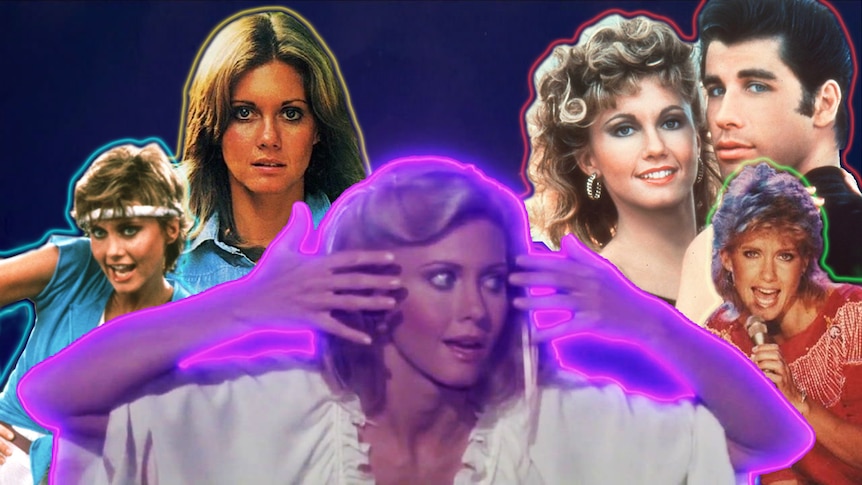 A collage of Olivia Newton-John in her eras for Xanadu, Grease, 'Physical' and more