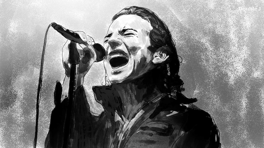 A black and white portrait illustration of Pearl Jam frontman Eddie Vedder singing into the microphone