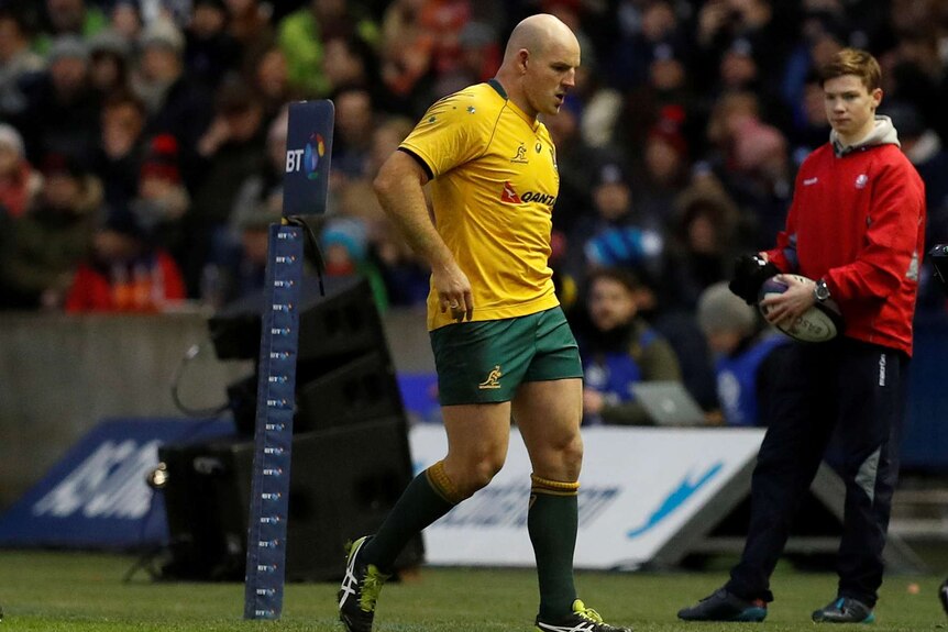 Stephen Moore walks off the field in the Scotland vs Australia rugby union Test at Murrayfield after being replaced.