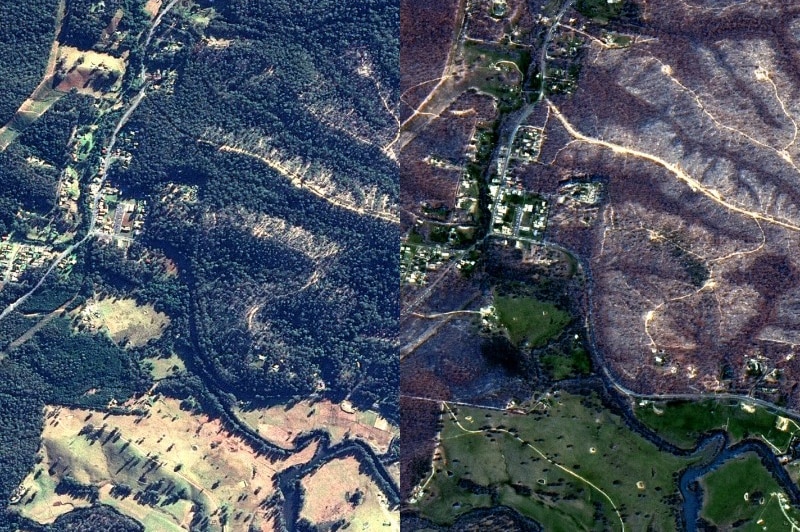 a composite image of an area showing it before and after it was burnt