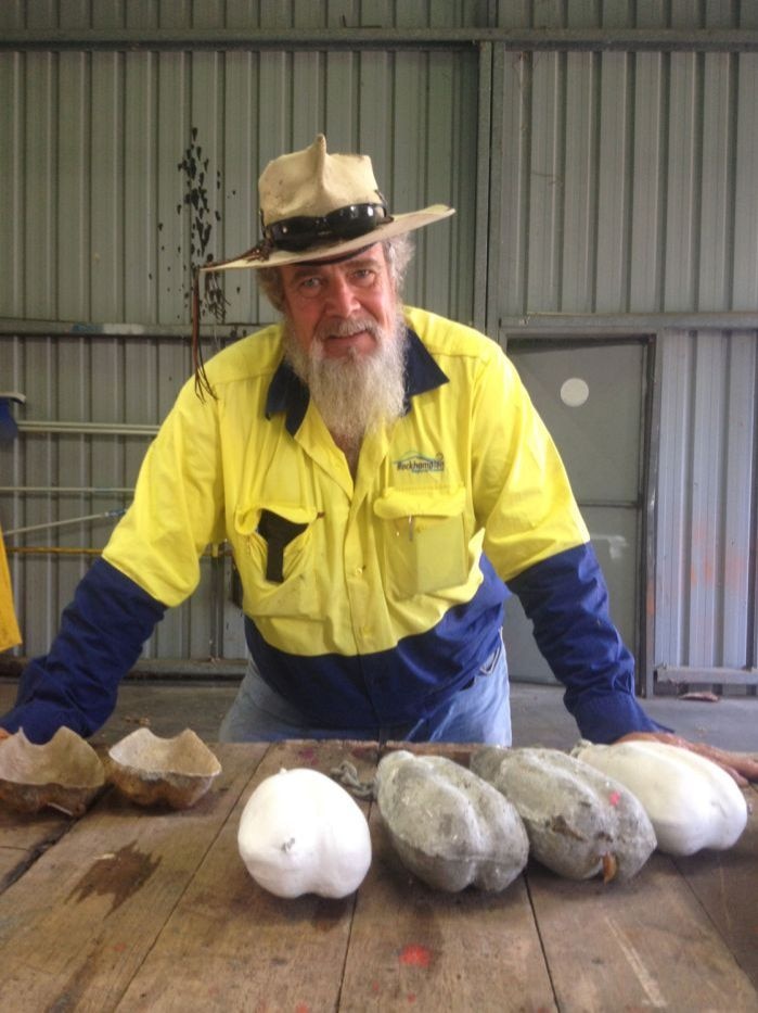 A man in high-vis work clothing standing at a bench that holds concrete bull testicles.