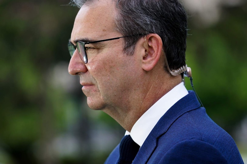 A side-on shot of Premier Steven Marshall speaking to the media.