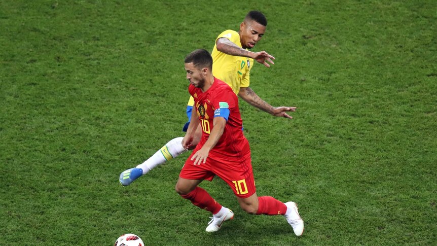 Eden Hazard dribbles the ball for Belgium
